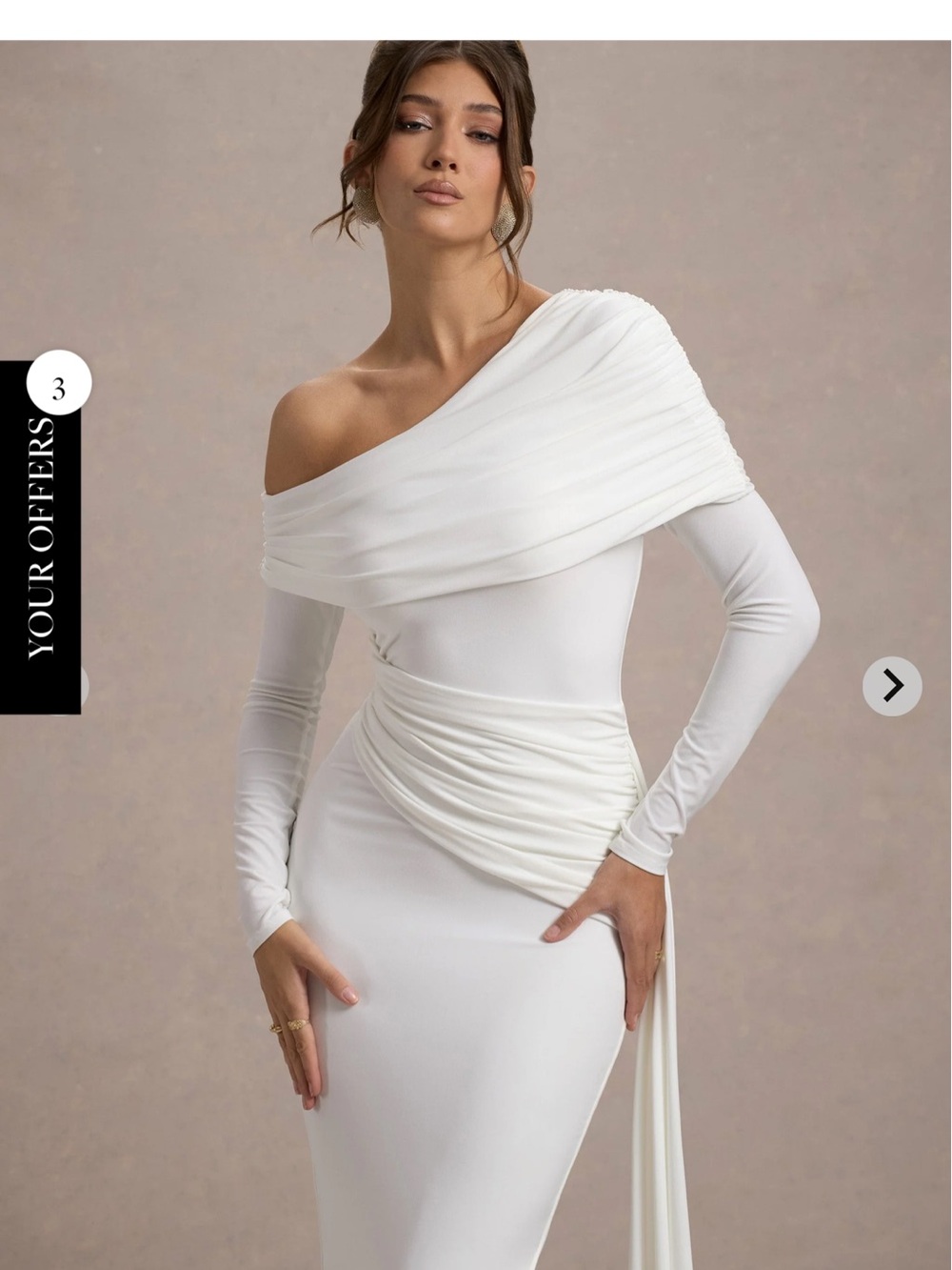 Elegant  White Ruched Long-Sleeve Dress